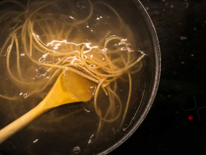 Once the pasta is softer, give it a stir. Just make sure nothing sticks to the pan or together. Lumpy pasta is grumpy pasta.