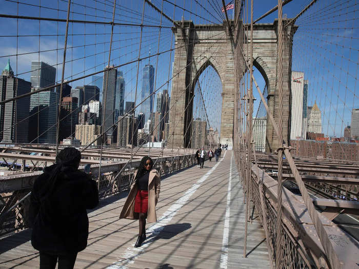 AFTER: But with New York in a state of emergency, on March 16 there were few people crossing the Brooklyn Bridge.