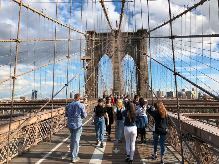 BEFORE: About 10,000 pedestrians and 4,000 cyclists cross Brooklyn Bridge ever day. It connects Brooklyn to Manhattan.