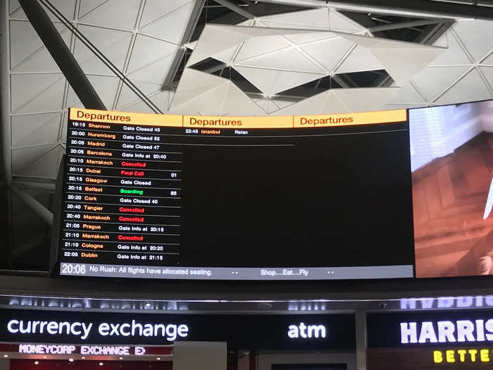 The flight information display system showed a few flights out that night, but many were cancelled.