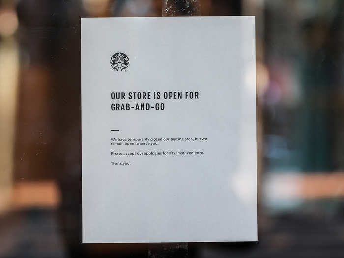 A sign was posted on the door of a Starbucks in FiDi stating that the store was only open for "grab-and-go."