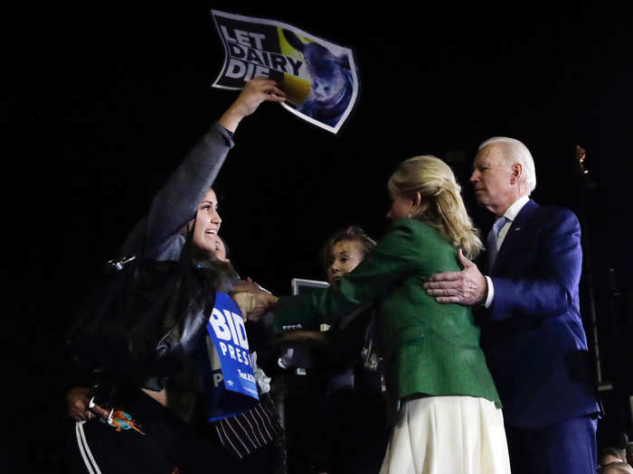 Most recently, she jumped up to protect her husband after a protester stormed the stage at his Super Tuesday victory speech in Los Angeles. The moment quickly became a meme, and she was hailed "a hero" online.