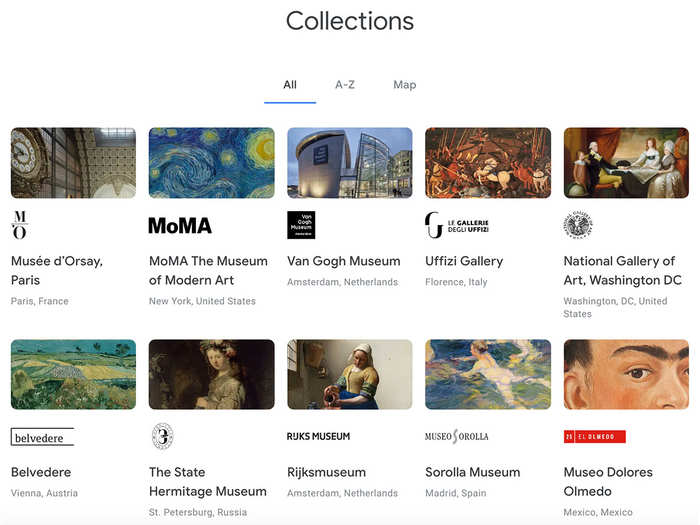 Tour and browse the digitized collections of more than 1,200 cultural institutions around the world including the Museum of Modern Art in New York, the Uffizi Gallery in Florence, and the Musée d