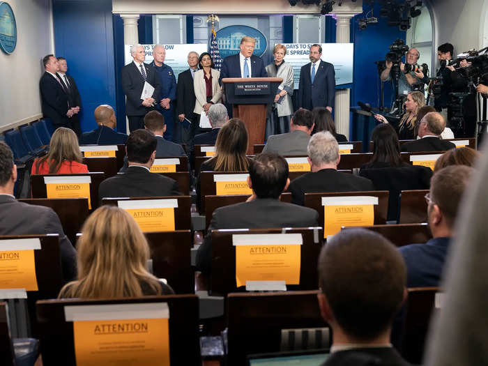 On March 16, the Trump administration recommended Americans avoid gatherings of more than 10 people, and the White House cut the number of reporter seats in the briefing room in half. But there were still more than 10 people gathered in the room.