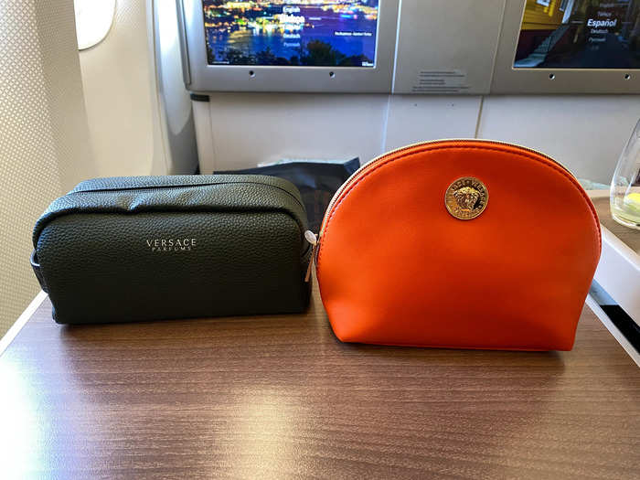 The flight attendants also handed out amenity kits — men and women got different ones.