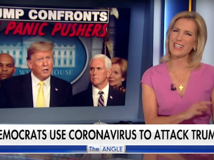 Ingraham moved from knocking the impeachment to dismissing the coronavirus. In February, she called Democrats the "pandemic party," and said they were trying to "weaponize it" to beat Trump. Then, in March, she called the media "panic pushers."