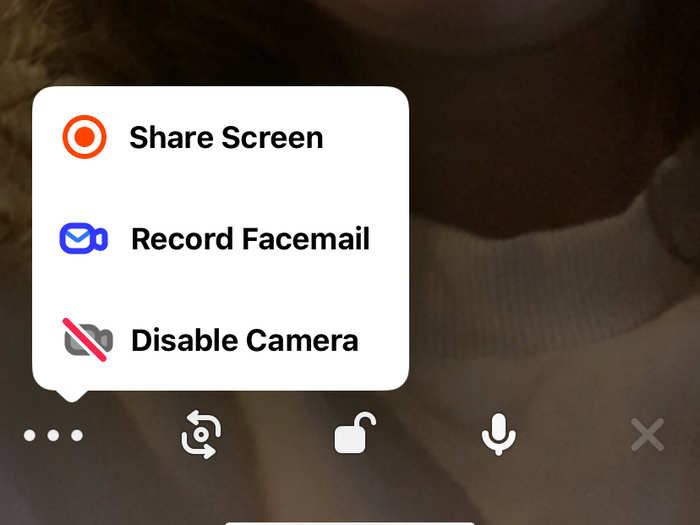 The dots on the bottom-left corner give you 3 options: Share Screen, Record Facemail, and Disable Camera. Sharing your screen and disabling the camera do exactly what they say they do.