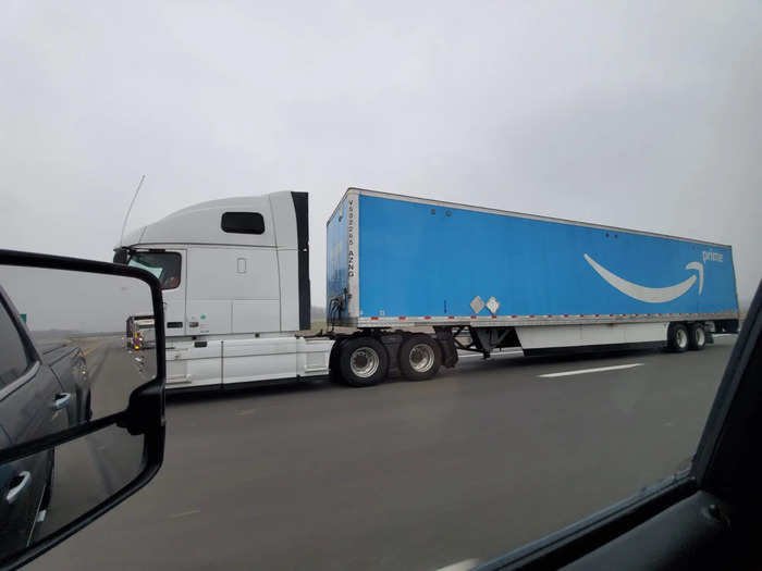 We kept an eye out for the brands of trucks we saw, and Amazon had more than Walmart. The bright blue semis were easy to spot.