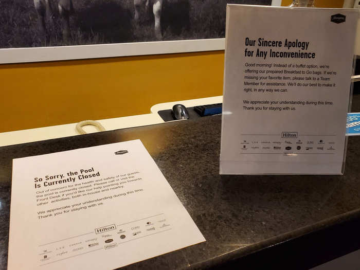 Notes from Hilton informed patrons of the measures the company was taking to keep the hotel clean during the pandemic. The pool was closed, and they said they took "extra precautions" to sanitize the rooms. Breakfast was also a to-go option instead of a buffet.