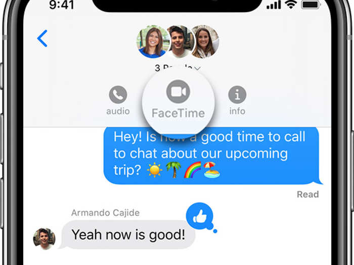 To make a FaceTime call in iMessage, click the FaceTime button at the top of the group chat.