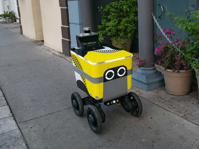 Postmates delivery robots deliver food in Los Angeles.