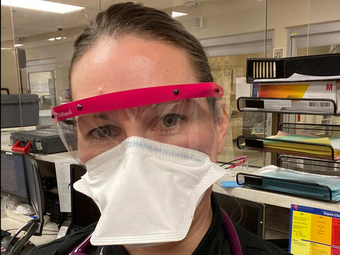 Dr. Green, an emergency physician, has had to use the same PPE (captured in the photo below) for three days. PPE, or personal protective equipment, is gear that workers wear to protect themselves from trauma and infection.