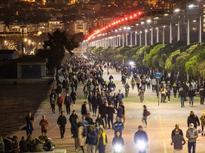 Locals in Thessaloniki, Greece, flocked to a seaside promenade on March 16, ignoring social distancing directives. On March 22, the country imposed a nationwide lockdown, restricting all non-essential travel and gatherings.