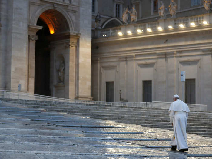 "Like the disciples in the Gospel we were caught off guard by an unexpected, turbulent storm," Pope Francis said while standing under an awning in empty St. Peter