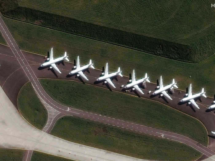 To maximize the space, planes have been towed and parked closely together, where technicians can work and get them back into service quickly once demand for air travel picks up.