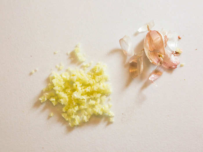 Start by mincing your garlic. If you have onions, mince a quarter onion at this stage.