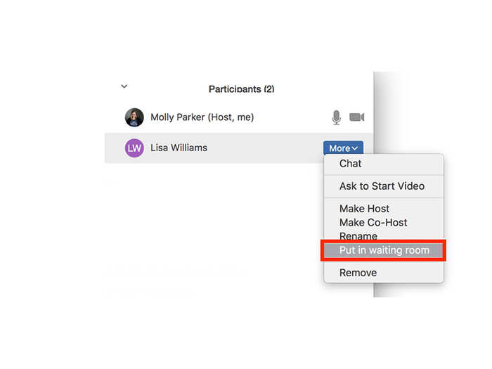 Clicking more on a video participant, they can be sent to the waiting room during the call.