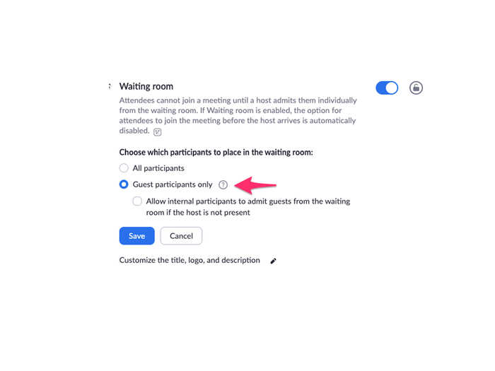 Once the setting is enabled, choose who it applies to. "All participants" puts everyone in the waiting room by default, and "guest participants only" adds people on different Zoom accounts or who are not logged in into the waiting room. You can also allow other participants to admit people from the waiting room.