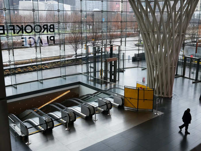 This mall and transit exit in lower Manhattan is typically bustling with people.