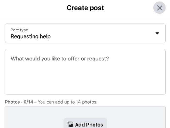 Clicking on "request help" or "offer help" brings up this window