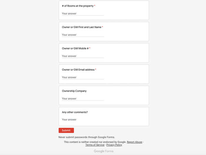 The form asks for both an email and phone number as well as number of rooms and leaves a space for comments.