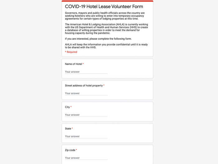 US hotel owners and general managers interested in volunteering their rooms can navigate to ahla.com/ahlas-hospitality-hope-initiative, click on the red "Click Here" button under "Hotel Involvement," and fill out this Google Form.