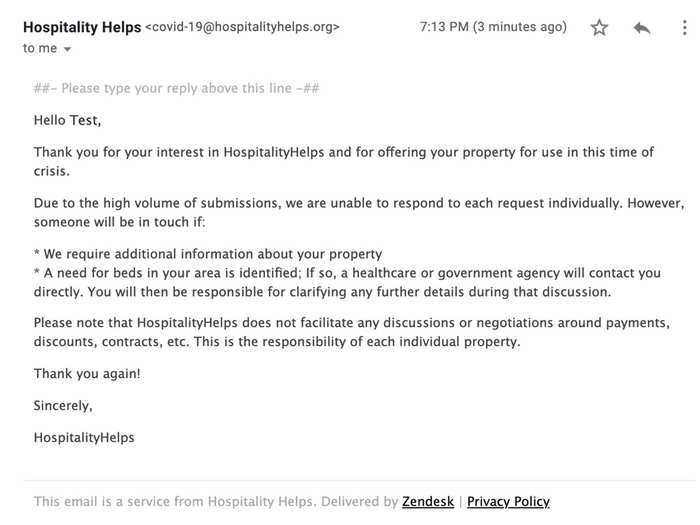 Cloudbeds will also send a message to your contact method of choice saying that it will be in touch if a healthcare or government agency in your area has expressed a need for beds. The email includes a note that discussions regarding payments, discounts, and contracts are up to the properties and agencies.