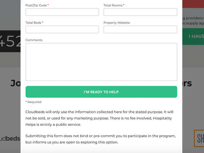 The bottom half of the form asks for total rooms and total beds available. It includes a space for comments and a note stating that by submitting the form, lodging owners are not committing to participation in the program.