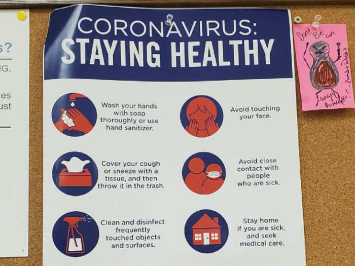 A sign in a break room informs employees how to stay healthy, though eight workers told Business Insider they don