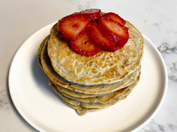 Protein pancakes with chia, hemp hearts, and strawberries