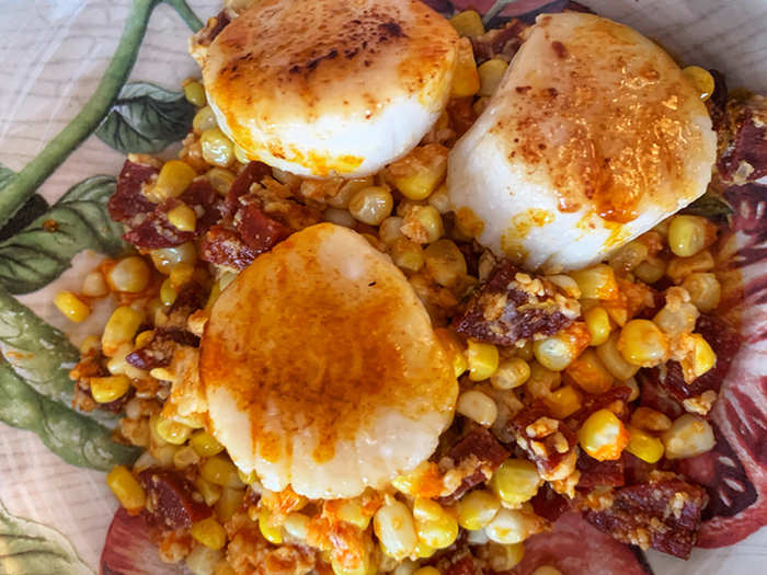 Summer corn with chorizo and scallops