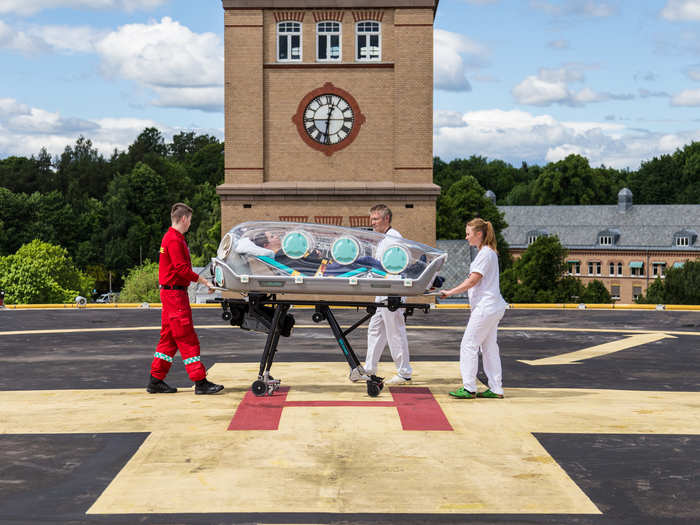 A patient inside of the pod can be intubated, ventilated, and hooked onto IVs and monitoring equipment by using the locked ports around the pod. These ports also allow medical personnel to access the patient