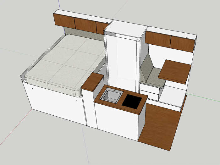 The next conversion in the series is the $42,250 Basecamper Plus that has the same amenities as the Basecamper with the add-ons of an indoor shower, toilet, and hot water heater. The seating area is also in a different location: the driver