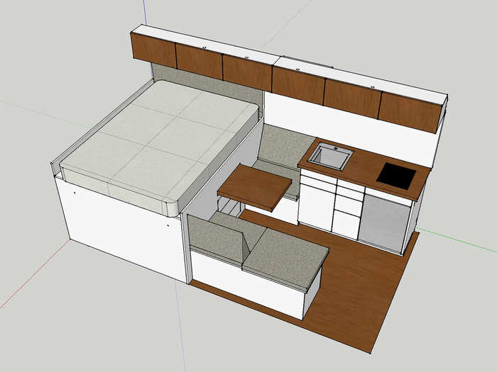 The Basecamper build is the most popular and least expensive at $33,750. The two- to four-person space includes a large rear garage that can fit two bikes, a raised bed that sits over the garage, and a lounge and dining area that can seat two to three people. The garage also has AC outlets and 12-volt and USB charging.