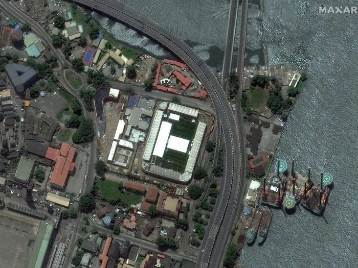 In Nigeria, this satellite image shows a makeshift hospital built in the middle of the Onikan sports stadium. The stadium is located in Lagos, the epicenter of the virus outbreak in Nigeria, and is being used to treat and isolate patients with coronavirus.