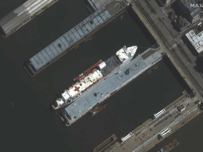 And this image shows its sister ship, the USNS Comfort, which docked in New York City on March 30.