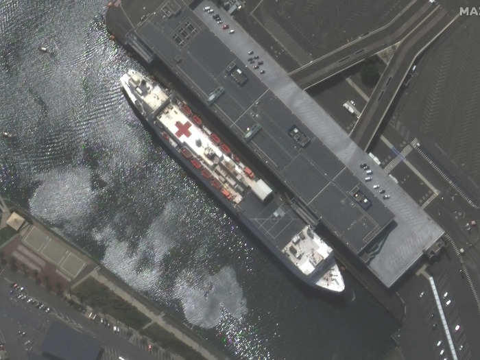 The US Navy sent two floating hospital ships — each equipped with 1,000 beds — to New York City and Los Angeles. This satellite image shows the USNS Mercy, the hospital ship that deployed to Los Angeles on March 27.