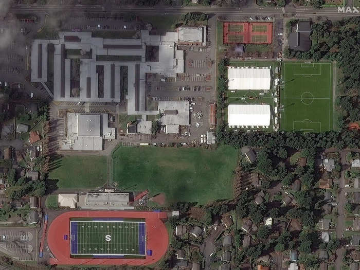 This satellite image shows a hospital built in the middle of a soccer field in Shoreline, Washington.