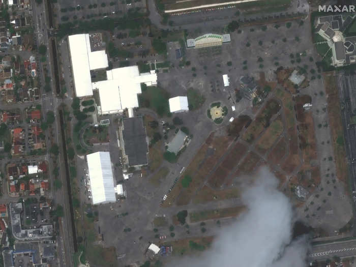 Also in Miami, this satellite image shows a field hospital built at the Miami-Dades Youth Fair. The hospital is built on the fairgrounds in Westchester, Florida, and is equipped with 250 medical beds.