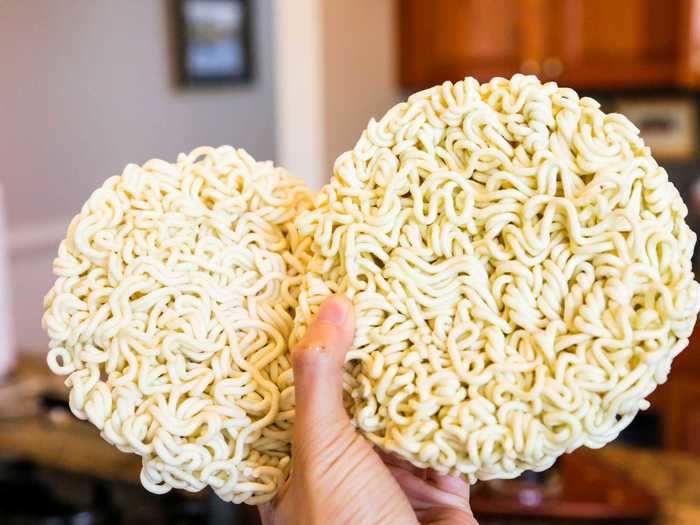 Finally, when my water boiled, it was time to add my ramen. I was surprised to find that both packs contained the exact same kind of noodles.