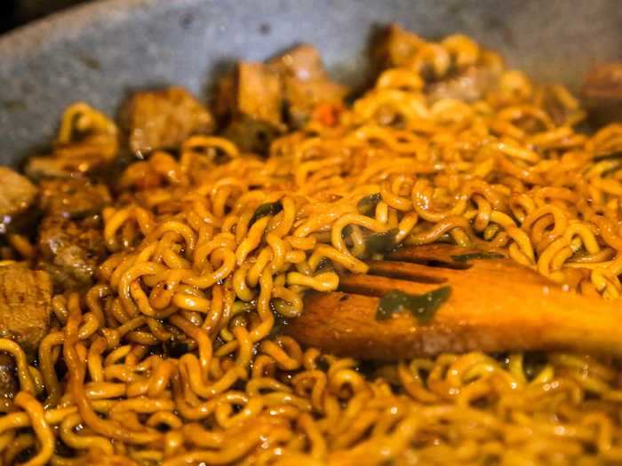 When the noodles were all covered in a sticky brown glaze, I transferred a portion to the fanciest bowl I could find.