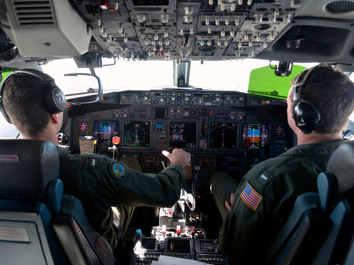 Inside the plane, the cockpit is the same as a traditional Boeing 737, though with a few optional extras including a fighter-jet style heads-up display.