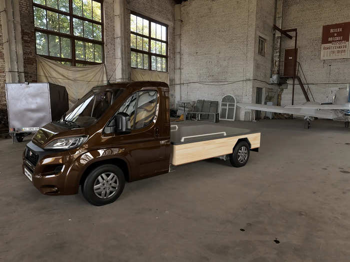 The camper portion can be removed from the Fiat Ducato to stand independently with its own expandable support legs.