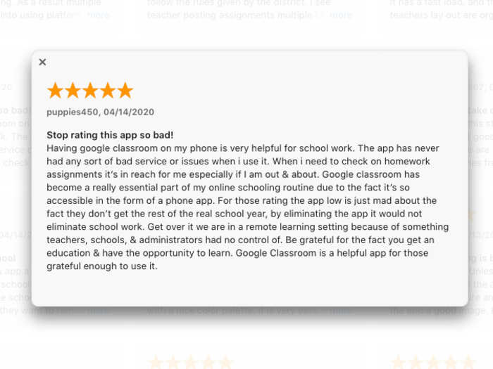 Other five star reviews directly address the low ratings, telling people to stop complaining and low rating the app.