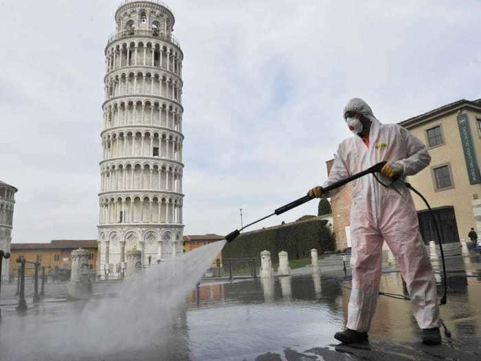 The Leaning Tower of Pisa in Italy, which was built over the course of 200 years starting in 1173, usually attracts throngs of tourists pretending to hold it up.