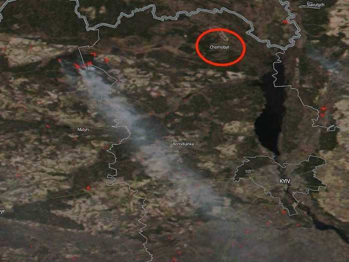 The fire quickly spread to surrounding forests in the wider area, as can be seen here in an April 6 satellite image taken by NASA. The Chernobyl nuclear site is circled, while the active fires (at the time) are marked in red dots.