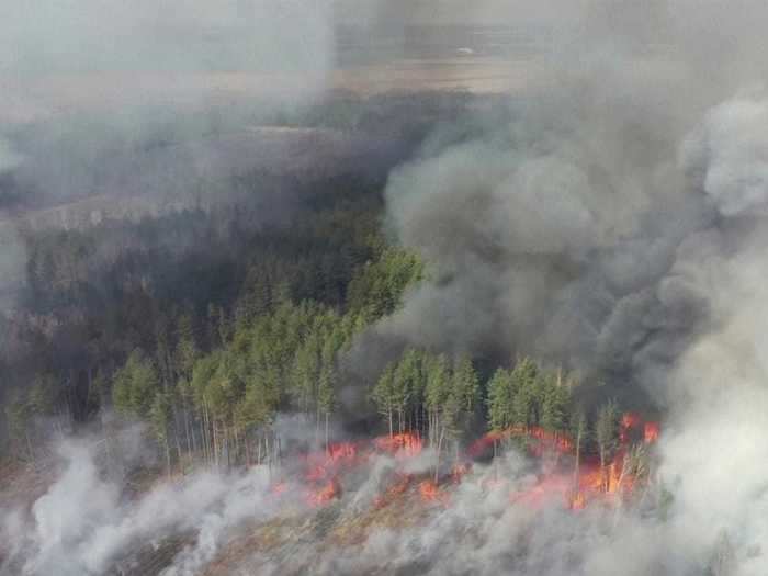 Aerial photos of the fire showed large flames and thick smoke rising from the 19-mile (30-km) exclusion zone.