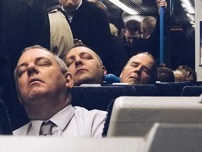 A passenger snapped a photo of what looks like the same man taking a nap in three different rows.