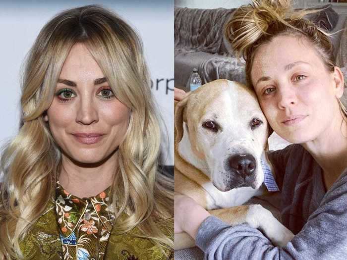 Kaley Cuoco hugged her dog in a makeup-free selfie.