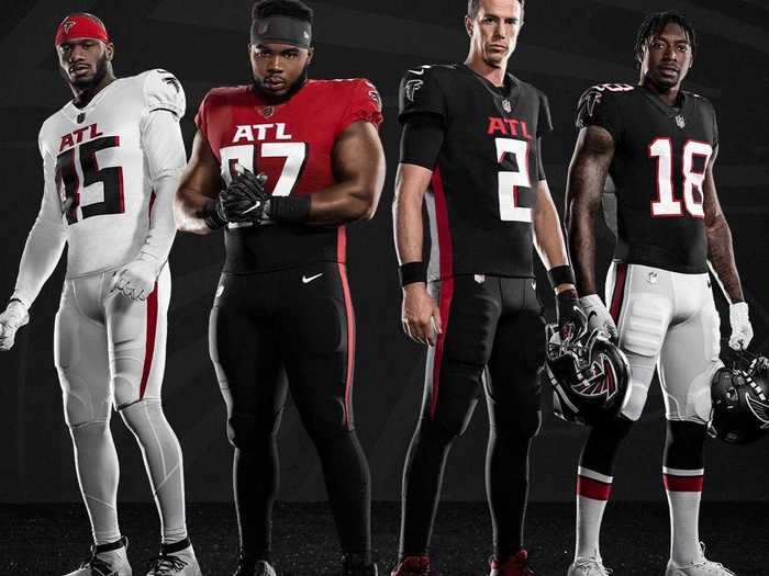 The Atlanta Falcons unveiled their new uniforms after they leaked online. The logo is the same, but larger on the helmets. They now have a new red-to-black gradient jersey and "ATL" across the front. The uniform on the far right is a throwback. Note the different logo and the lack of "ATL."